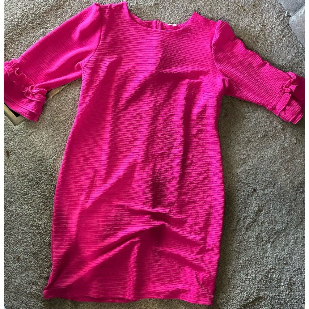 Hot Pink Textured Shift Dress Ruffle Sleeve Midi Wedding Guest Dress Plus 1X